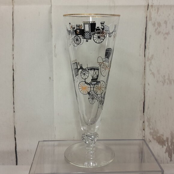 Libbey Champagne Glass Curio Carriage Set Of 5 Trumpet Fluted MCM Black Gold Car - Picture 3 of 11